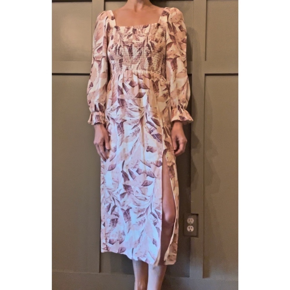 House of Harlow 1960 Linen Smocked Pink Palm Midi Dress Bishop Sleeve Size Small
